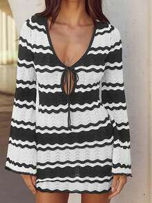 夏季女士条纹钩针罩衫前系带 V 领长袖针织迷你连衣裙，适合海滩 - 黑色 - 查看 1