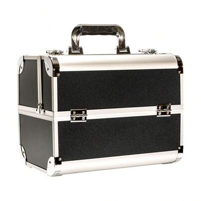 Una caja de belleza de maquillaje, un estuche de maquillaje con un estante y pestillo expandibles, un estuche de maquillaje profesional