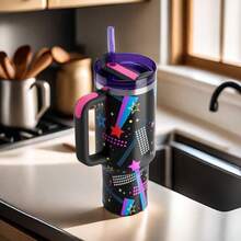 Large Capacity Car Mug 40 Oz Ice Bar Mug Outdoor Use Portable Carrying Water Bottle, Travel Mug, Outdoor Iced Coffee Mug For Camping, Hiking, Driving, Traveling With Handle - 搖滾黑 - 查看 5