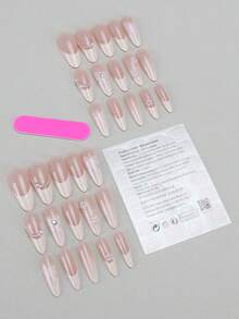 30片中号杏仁形按压假指甲贴片，珍珠蝴蝶结甜美酷炫日韩风女士指甲贴片，新款时尚指尖，配1片果冻胶和1片摩擦条，适合女性派对、舞会、日常休闲装，可拆卸可重复使用按压指甲美甲用品指甲 - 彩色 - 查看 2