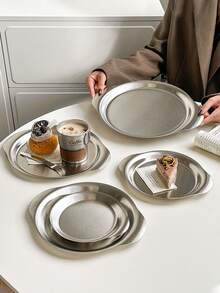 1 件美式不锈钢炸鸡小吃盘、扁平蛋糕/糕点盘、烧烤托盘、下午茶咖啡圆形托盘 - 銀色 - 查看 9