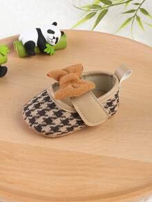 1 Pair Girls Houndstooth Bow Hook And Loop Design Flat Princess Shoes, Suitable For Babies Toddlers 0-1 Years Old, For Spring Autumn - Apricot - View 3