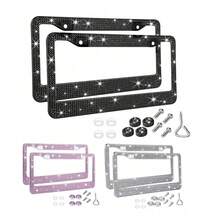 1pc/2pcs Rhinestone Bling Car License Plate Frame, Stainless Steel Handmade, With Shining Crystal Screw Caps & Installation Tools, Fit For US License Plate Size, Waterproof & Rustproof Auto Accessories - 2pcs - View 1