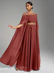 优雅圆领泡泡袖亮片刺绣束腰礼服，奢华别致的晚礼服，端庄 - 紅木色 - 查看 5