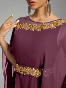 SUPGIR 优雅圆领斗篷袖亮片刺绣束腰正式晚礼服，端庄