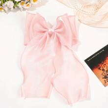 ROMWE Kawaii 1pc Sweet Pink Princess Style Mesh Bow Long Streamer Spring Clip, Elegant Gentle Elegant Half-Bun Hair Accessory, Pink Tone Accessories For Ladies, Campus Essential, Cute Bow Hair Clip - Pink - View 6