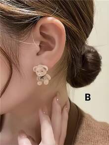 1 对/2 对女士可爱熊和兔子耳钉，植绒简约泰迪熊和兔子耳环（卡片随机发货） - 彩色 - 查看 6