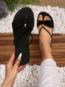 New Fashion Elegant & Minimalist Women Beach Resort Bohemian Style Slippers, Suitable For Home, Outing And Holiday, Soft And Comfortable Flat - Black - View 1