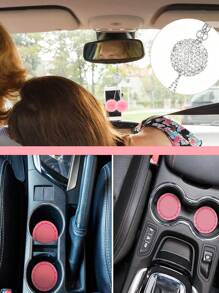 1 set accessoires d'intérieur de voiture pour femmes : housses de siège avant motif papillon mignon, couvre volant/frein à main/pommeau de vitesse en peluche, décoration suspendue de rétroviseur en peluche et strass, 1 paire de porte-gobelets en silicone, accessoires d'intérieur de voiture roses