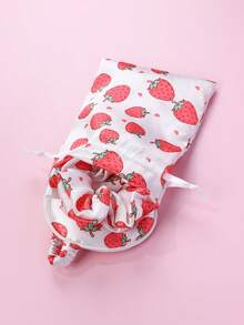 1set Strawberry Printed Hair Scrunchie, Eye Mask, & Storage Bag, Polyester Fabric, Cute Accessory Set For Daily Use - Rose Red - View 5