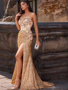香槟色闪亮蕾丝美人鱼正式晚礼服，高开叉奢华亮片舞会礼服、婚礼宾客礼服、晚礼服 - 香檳色 - 查看 2