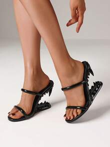 Metallic Teeth Heels Mules For Women Fashion Open Toe Wedges High Heeled Slip On Party Sexy Slingback Slides Sandals Woman - màu đen - Xem 4