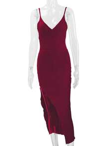 Women's Side Slit V-Neck Sexy Stylish Party Dress - 酒紅色 - 查看 3