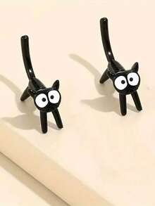 1 Pair Black & White Cat Front And Back Earrings - Black and White - View 4