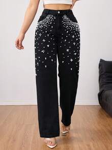 Jeans de pierna recta con decoración de perlas elegante - Jeans de lujo para mujer - Negro - Ver 2