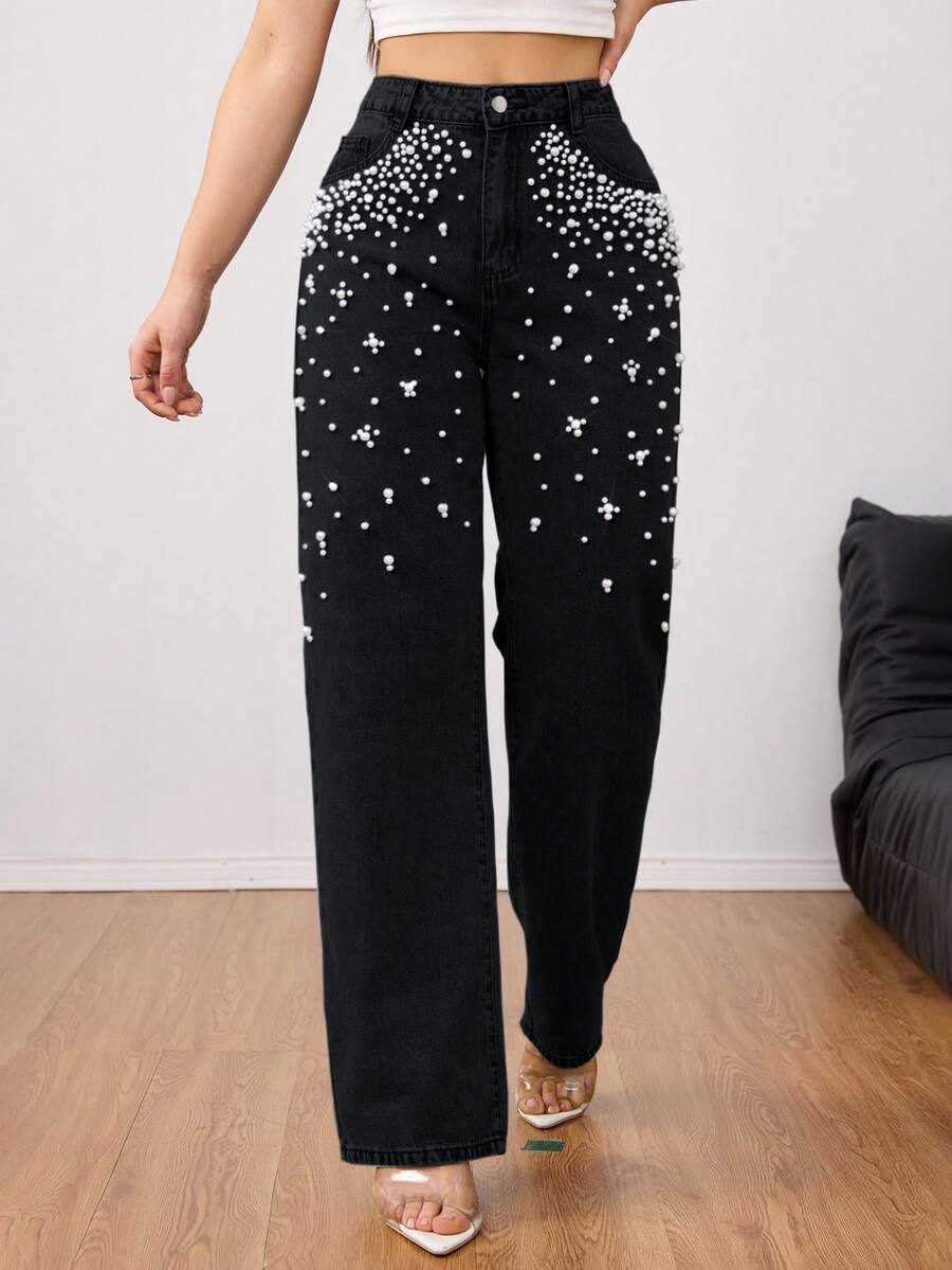 Jeans de pierna recta con decoración de perlas elegante - Jeans de lujo para mujer