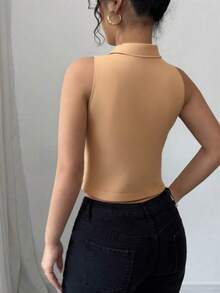 Women's Elegant Commuting Fashion Solid Color Lapel Neck Sleeveless Short Top, Spring/Summer - Coffee Brown - View 4