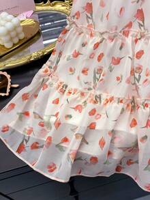 Abito estivo da ragazza con stampa floreale in chiffon, senza maniche, stile principessa - Rosa - Visualizzare 5