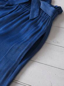 1pc Denim Effect Fabric Comfortable Teens/Juniors Girls Pants With Belt, Suitable For Daily Outings - Royal Blue - View 5