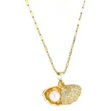 Stainless Steel Hollow Shell & Faux Pearl Necklace, Suitable For Everyday Wear - Yellow Gold - View 5