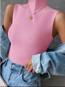 Blusa Regata Tricô Canelada Feminina Garrafinha Gola Alta 36-42  Lupinacci Tricot - Rosa Bebê - Visão 2