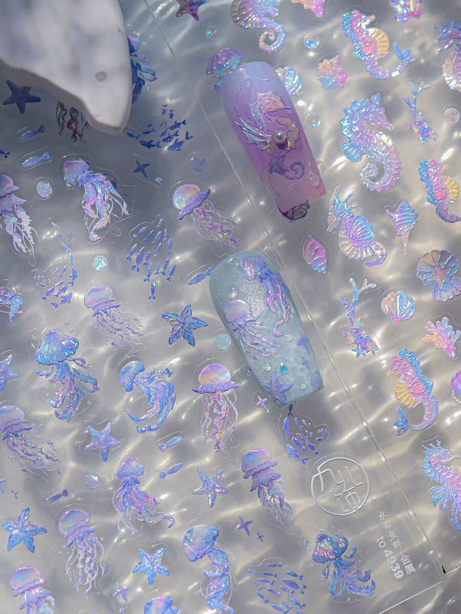 1张5D立体水母和海马美甲贴纸，梦幻美人鱼尾巴美甲贴花，DIY自粘美甲贴纸