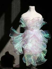 1pc-3Yards Iridescent Organza Ombre Ruffle Mermaid Dress Hem Trim, Ruffle Lace Edging Accessory - Multicolor - View 2