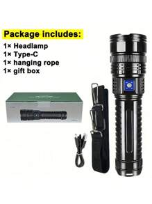 1PCS Super Bright LED Flashlight - 1000mAh USB-C Rechargeable, 1000m Range, 5 Modes, Zoomable , Lightweight Aluminum For Camping/Hunting (With Wristband)