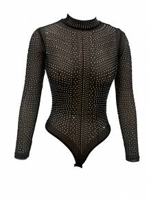 SEBOWEL Rhinestone Studded Black Bodysuit For Women Sexy Sheer Mesh Hot Drilling Club Party Rave Sparkly One Piece Jumpsuit - 黑色 - 查看 4