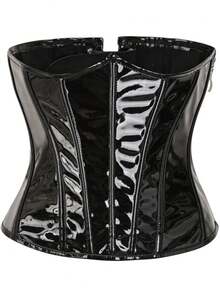 1 件女式闪亮皮革短款上衣紧身胸衣，配有侧拉链、后绑带和腰部束腰带，适合连衣裙、腰部训练器，可塑腰部，瘦腰收腹，万圣节服装