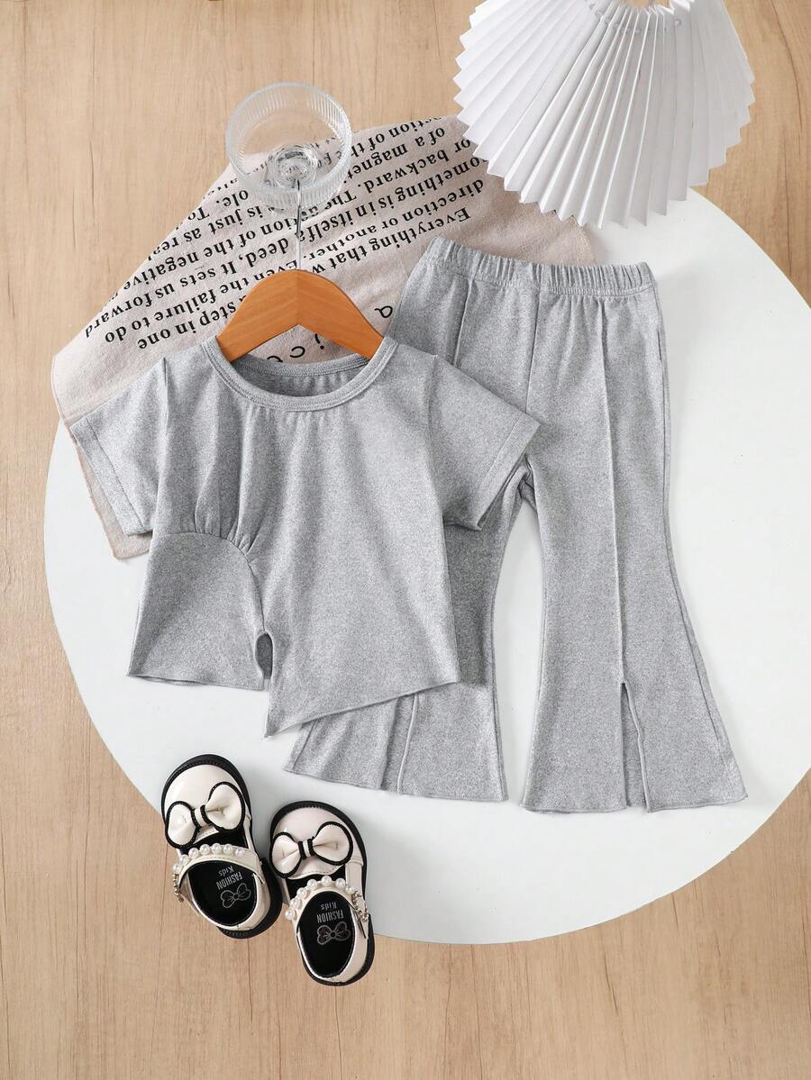 2 件装女婴时尚不对称下摆圆领上衣和喇叭开衩裤套装