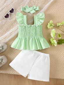 2pcs/Set Baby Girls Cute Cap Sleeve Striped Top And Bow Shorts With Headband, Spring/Summer - Green - View 2