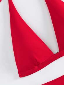 New Summer Solid Color 2 Pieces Bikini Set, Halter Tie Back Style, Beach Vacation - Red - View 4