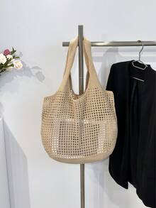 ENBEI Large Capacity Hollow Out Handheld Crochet Knitted Shopping Tote Bag,Women's Fashion Handmade Crochet Handbag, Summer Hollow Shoulder Bag, Outdoor Travel, Shopping, Back To School Season, Suitable For Girls, White-Collar Workers, Office Workers, School, Beach, Mother's Day Gift For Mom, Perfectly Matching With Crochet Set - Khaki - View 6