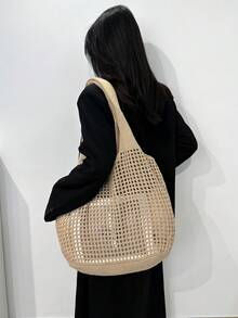 ENBEI Large Capacity Hollow Out Handheld Crochet Knitted Shopping Tote Bag,Women's Fashion Handmade Crochet Handbag, Summer Hollow Shoulder Bag, Outdoor Travel, Shopping, Back To School Season, Suitable For Girls, White-Collar Workers, Office Workers, School, Beach, Mother's Day Gift For Mom, Perfectly Matching With Crochet Set - Khaki - View 9