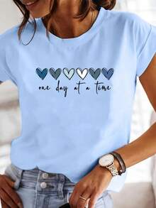 Women's Light Blue Casual Short Sleeve T-Shirt With "One Day At A Time" Heart Graphic - Soft, Round Neck, Spring/Summer Essential, Daily Tee - Baby Blue - View 1