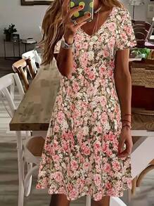 Women's Floral Print V-Neck Short Sleeve Casual Vacation Dress