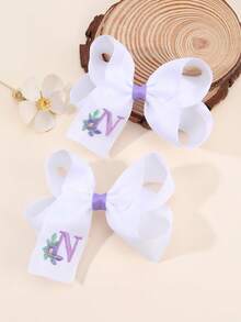 2 piezas Clips para el cabello con bordado floral lindo de 26 letras y lazo, accesorios para el cabello tipo pato para niñas, adecuados para decoración diaria - Multicolor - Ver 19