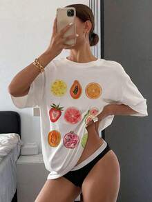 女士水果图案 T 恤、短袖圆领 T 恤、春夏上衣、生日礼物