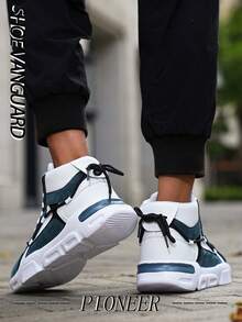 Giày thể thao nam buộc dây thời trang, thiết kế họa tiết chữ, giày trượt ván ngoài trời cổ cao đa năng, phù hợp với mọi mùa, giày chạy bộ - Xanh và trắng - Xem 7