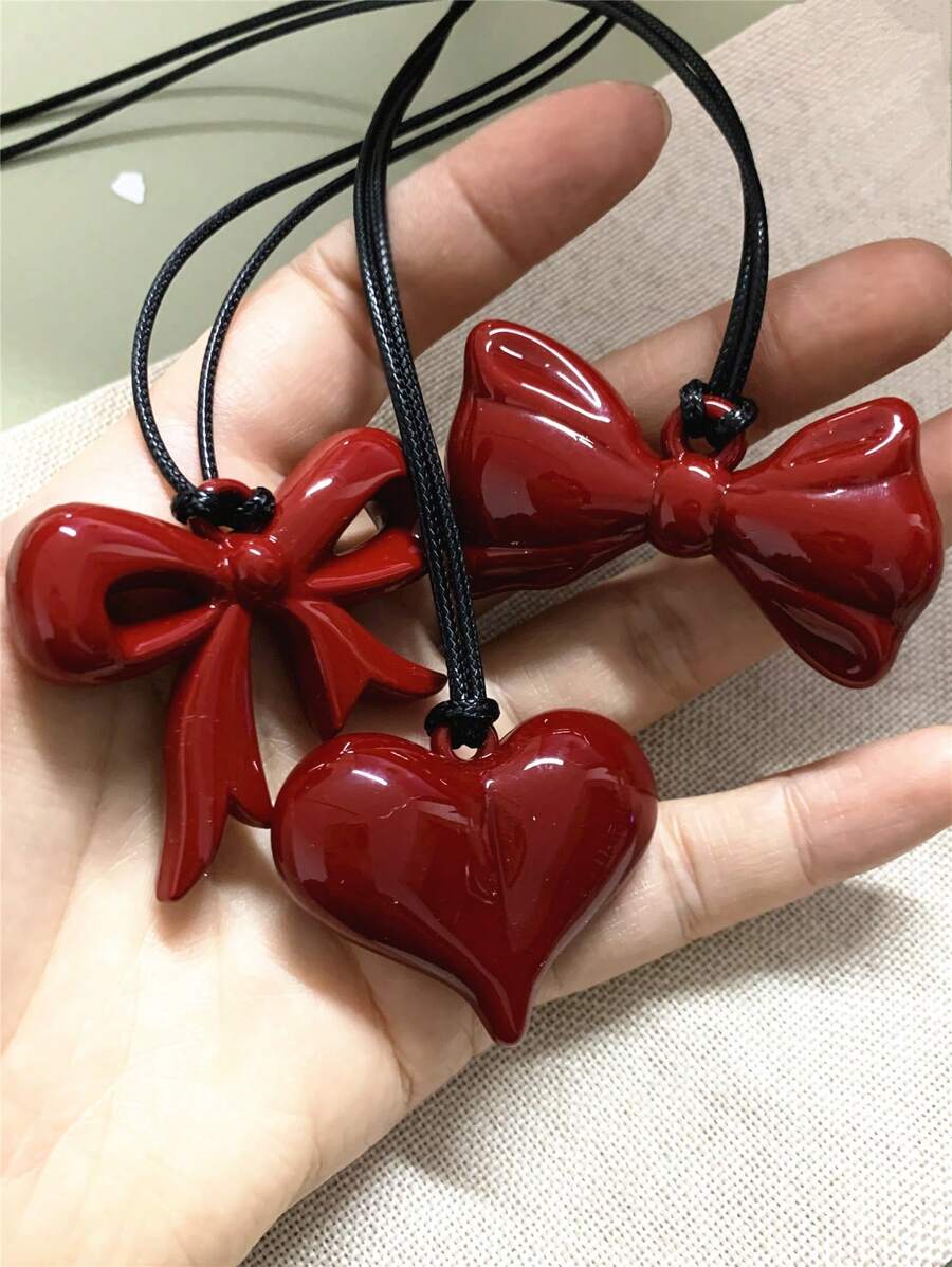 1pc Wine Red Plus Size Heart, Bowknot Pendant Long Sweater Chain Necklace For Women, Valentine's Day Jewelry, Women's Gift, Y2K Baddie Style Jewelry, Suitable For Gifts, Celebration Events, Valentine's Day Gift