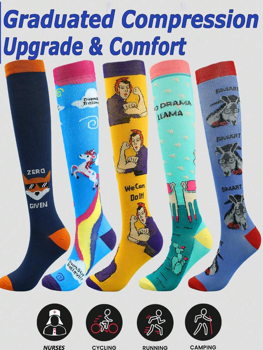 5 Pairs/1 Pair Women Cute Animal Pattern Compression Socks, Fashion Professional Outdoor Sports Micro-Compression Socks Suitable For Running, Cycling, Skipping, Camping, Hiking - Multicolor - View 1