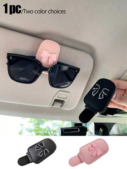 磁性珍珠蝴蝶结图案眼镜夹，立体优雅蝴蝶结珍珠设计，汽车遮阳板固定夹，多功能钞票夹，精致小巧，易于安装，适用于女性汽车配件，汽车遮阳板磁性时尚眼镜架-带钞票夹的 PU 皮革眼镜-易于安装，牢固贴合，时尚配饰收纳盒。