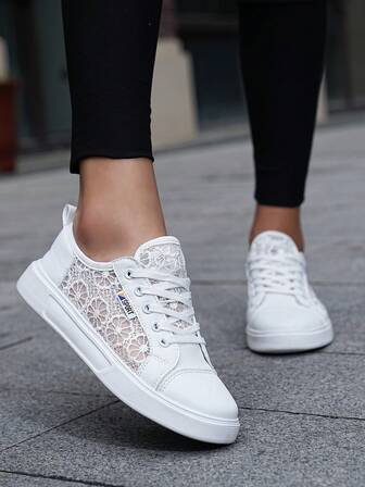 Women's Outdoor Fashion Casual Shoes, Hollow Breathable Lightweight Comfortable MD Soft Bottom Sports Flat Shoes, Campus Style White Sneakers