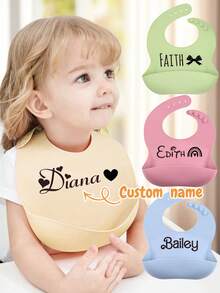LICVIC 1pc Custom Engraving Name Baby Silicone Tableware, Personalized Soft Silicone Bibs With Pattern, Customized Engraved Baby Silicone Bibbaby, Dark Red/Cream/Blue/Green, Silicone Adjustable Waterproof Bibs, Kids Child Toddlers Baby Feeding - Multicolor - View 1