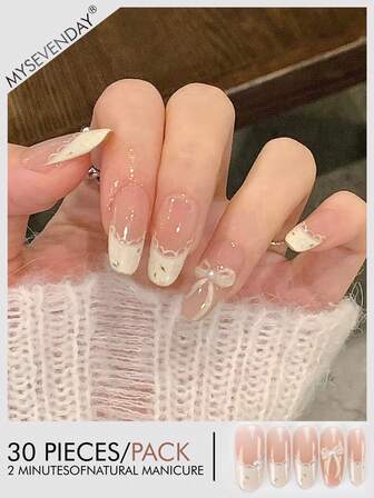 30 Pieces Of Medium Almond Shaped Pressed Fake Nail Patches, White Faux Pearl Bow Sweet And Cool Japanese And Korean Style Women'S Nail Patches, New And Fashionable Fingertips, Matched With 1 Piece Of Jelly Glue And 1 Piece Of Rubbing Strip, Suitable For Women'S Parties, Dances, Daily Casual Wear, Detachable And Reusable Press On Nails Nail Supplies Nails