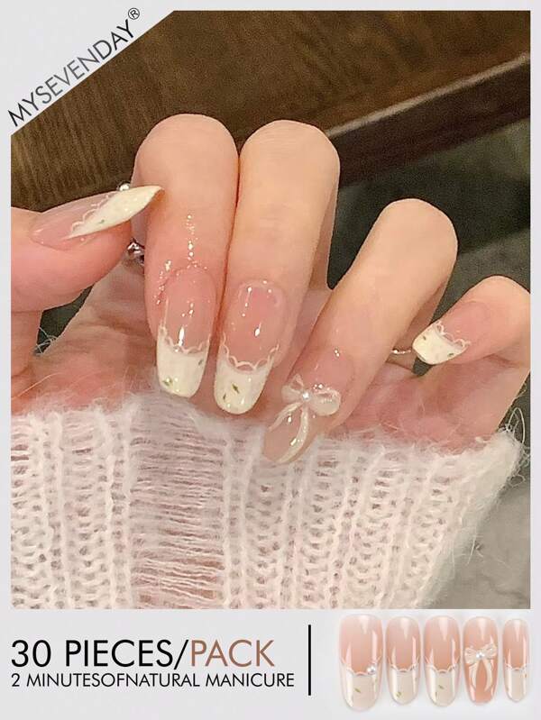 30 Pieces Of Medium Almond Shaped Pressed Fake Nail Patches, White Pearl Bow Sweet And Cool Japanese And Korean Style Women's Nail Patches, New And Fashionable Fingertips, Matched With 1 Piece Of Jelly Glue And 1 Piece Of Rubbing Strip, Suitable For Women's Parties, Dances, Daily Casual Wear, Detachable And Reusable