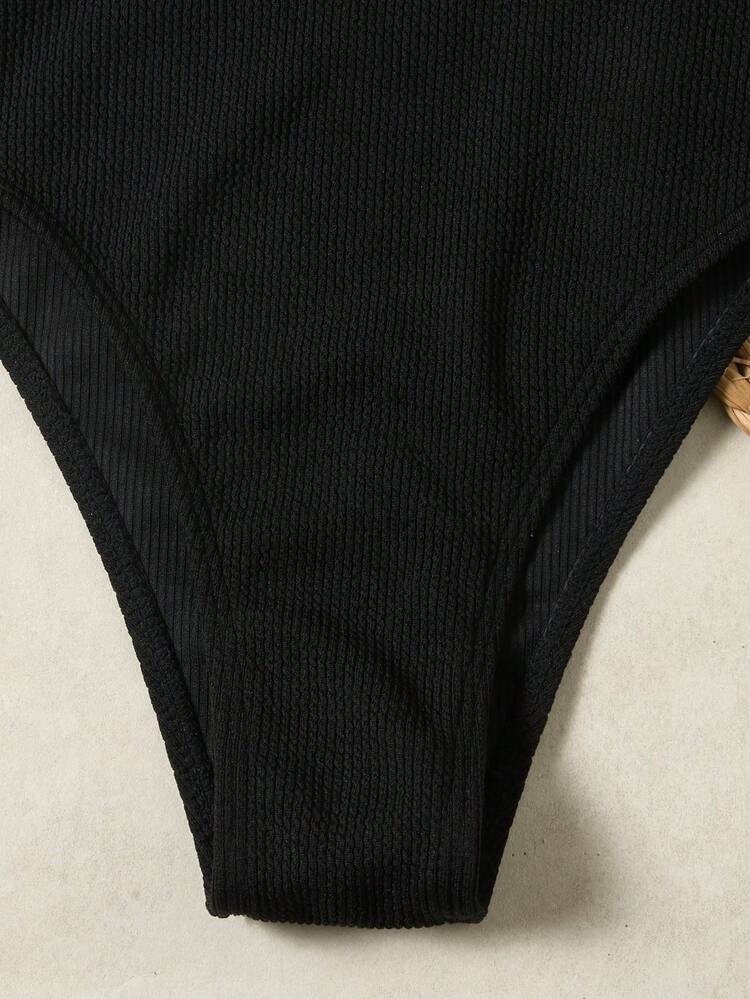 最新设计的黑色金属面料抹胸比基尼泳装，适合夏季海滩 - 黑色 - 查看 5