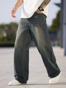 1 件装复古水洗直筒宽松牛仔裤，男士休闲阔腿裤 - 霧霾藍 - 查看 7