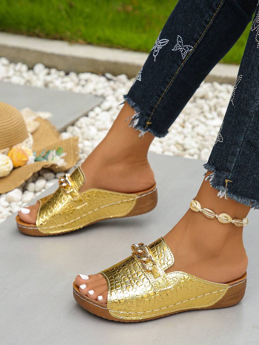 Plus Size 36-45 Summer Fashion Casual Gold Crocodile Pattern Wedge Slide Sandals, Metal Buckle Roman Style, Lightweight & Comfortable, Versatile Gold Ladies Wedge Platform Sandals - 金色鱷魚紋 - 查看 1